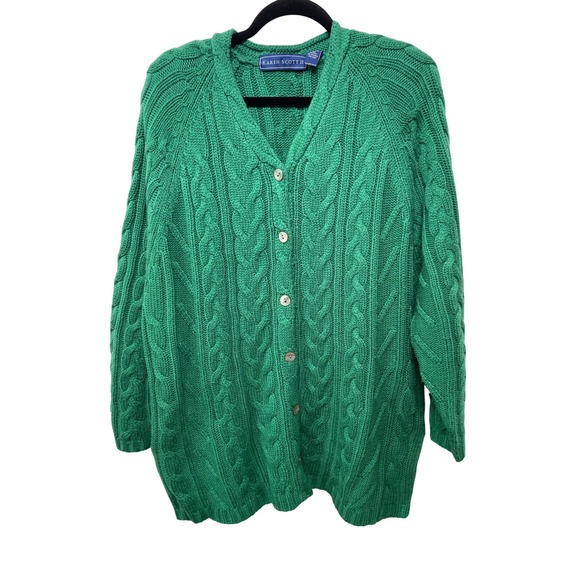 Karen Scott II Vintage Green Cable Knit Grannycore Cardigan Sweater 2X Fisherman - Picture 1 of 13